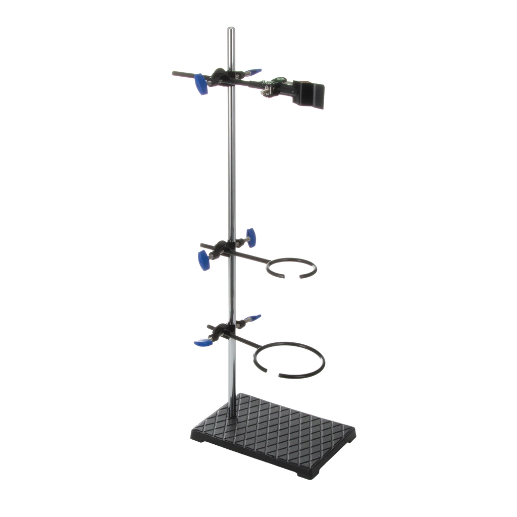 Support Stand and Ring for embryo filters,"Lab support stand with vertical rod, clamp arms, and two ring holders"
