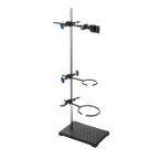 Support Stand and Ring for embryo filters,"Lab support stand with vertical rod, clamp arms, and two ring holders"