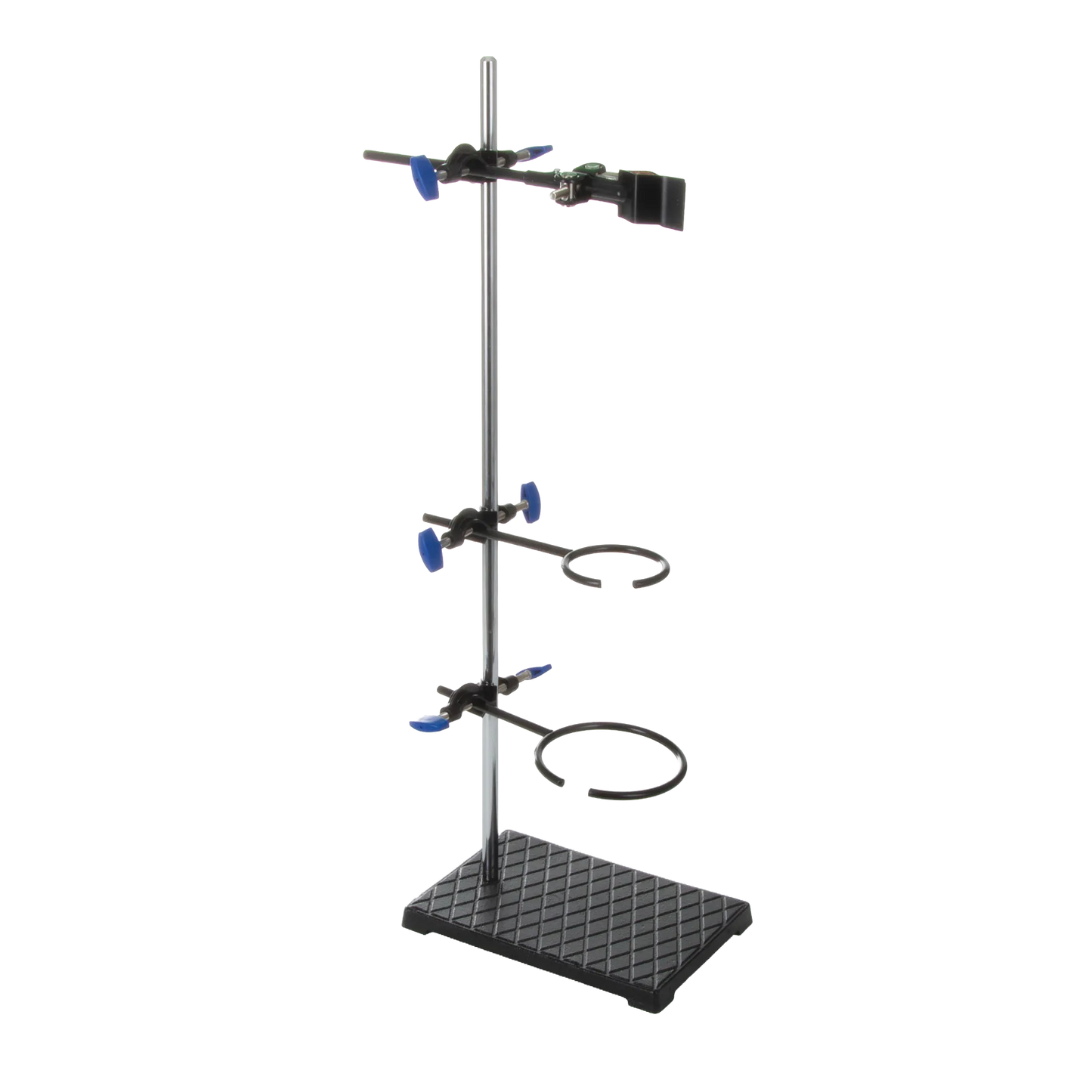 Support Stand and Ring for embryo filters,"Lab support stand with vertical rod, clamp arms, and two ring holders"