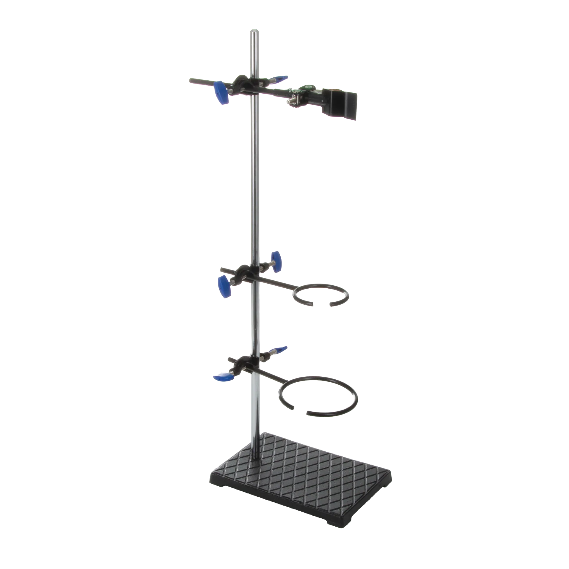 Support Stand and Ring for embryo filters,"Lab support stand with vertical rod, clamp arms, and two ring holders"