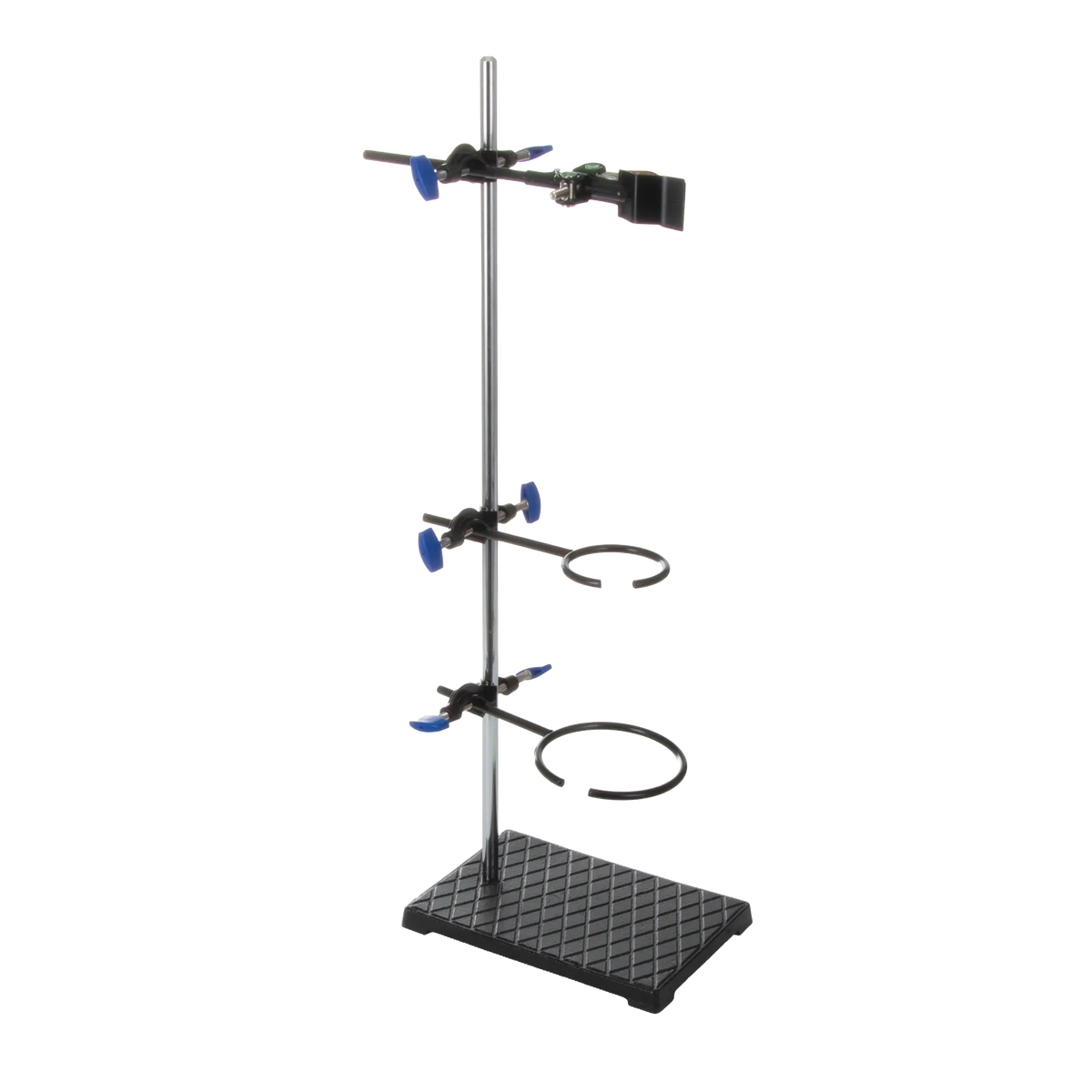 Support Stand and Ring for embryo filters,"Lab support stand with vertical rod, clamp arms, and two ring holders"