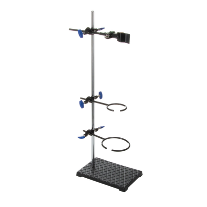 Support Stand and Ring for embryo filters,"Lab support stand with vertical rod, clamp arms, and two ring holders"