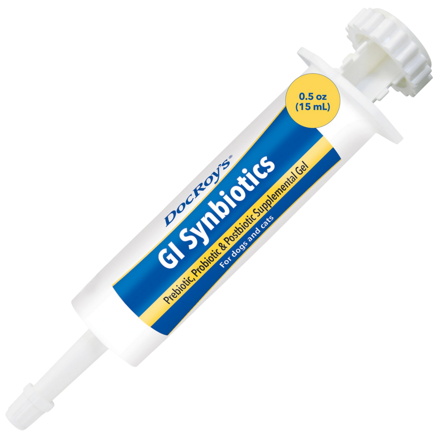 Doc Roy's® GI Synbiotics™,"White oral gel syringe with blue and yellow label"