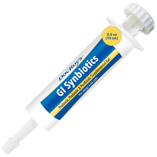 Doc Roy's® GI Synbiotics™,"White oral gel syringe with blue and yellow label"
