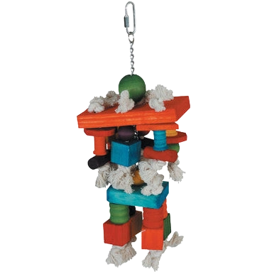 Blocks to Chew,"Hanging chew toy with colored wood blocks and rope"
