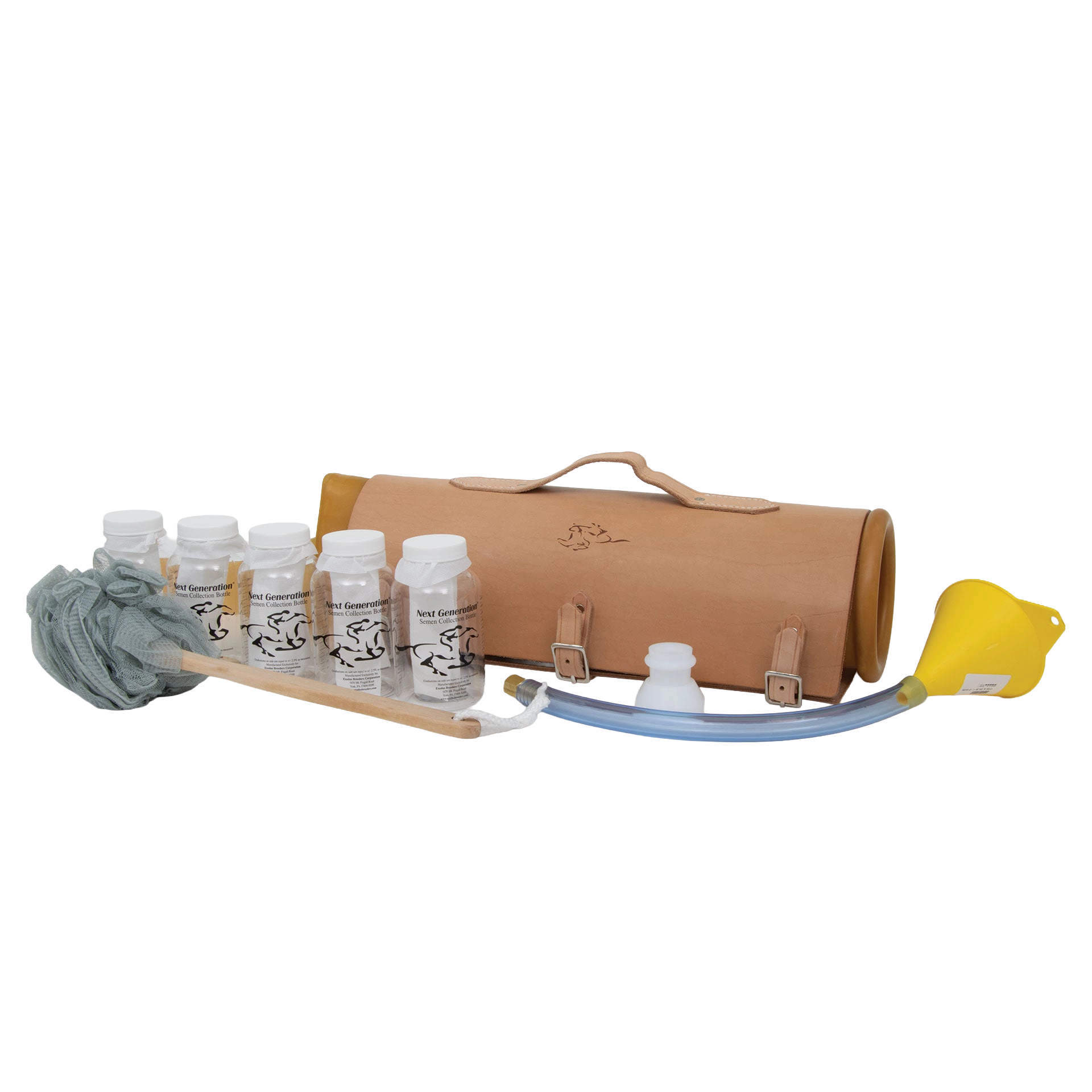 Missouri Complete Set with Leather Cover,"Tan leather case with bottles, mesh sleeve, tube, and yellow funnel"