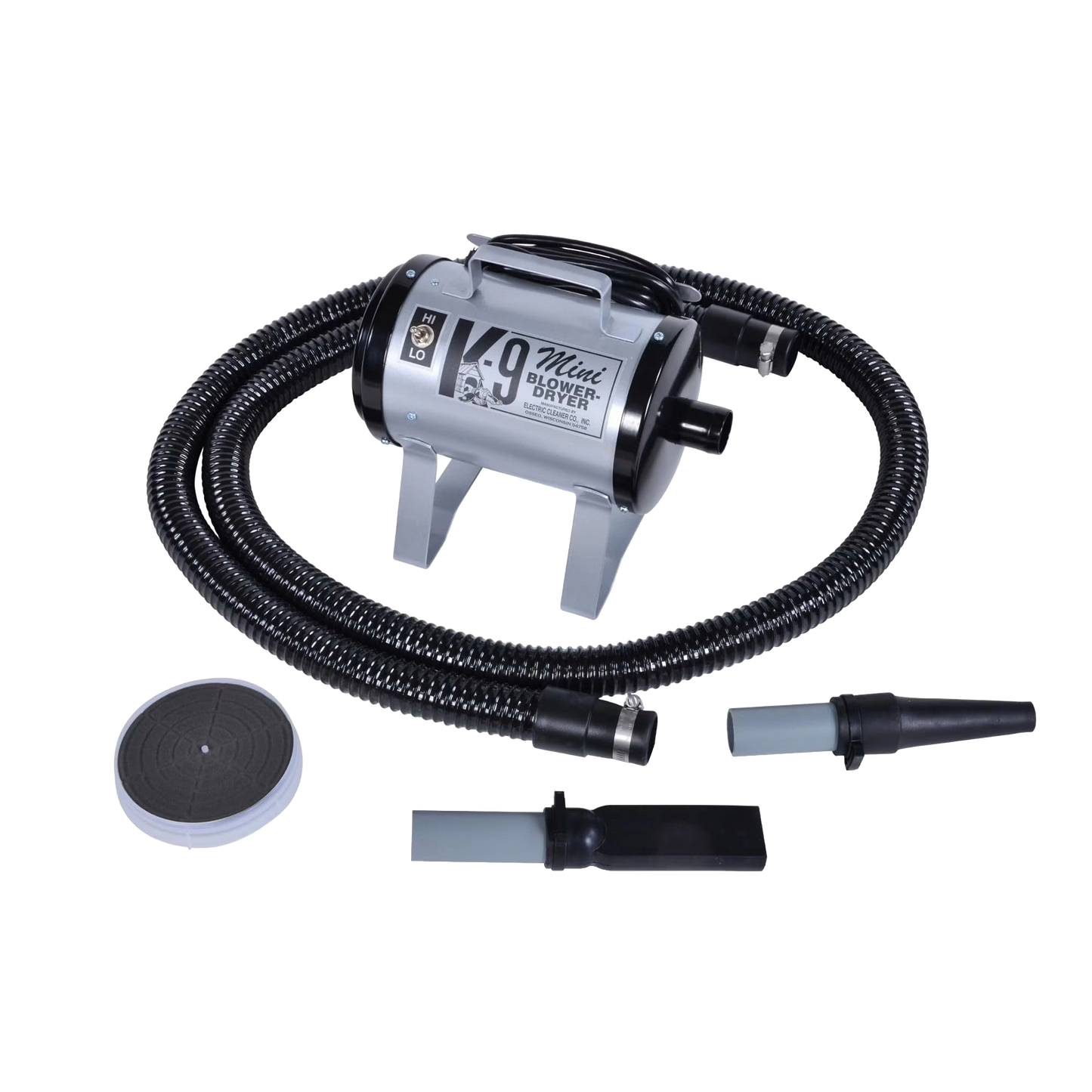 Mini K-9 Dog Dryer,"Compact dog dryer with hose, two nozzle attachments, and round base"