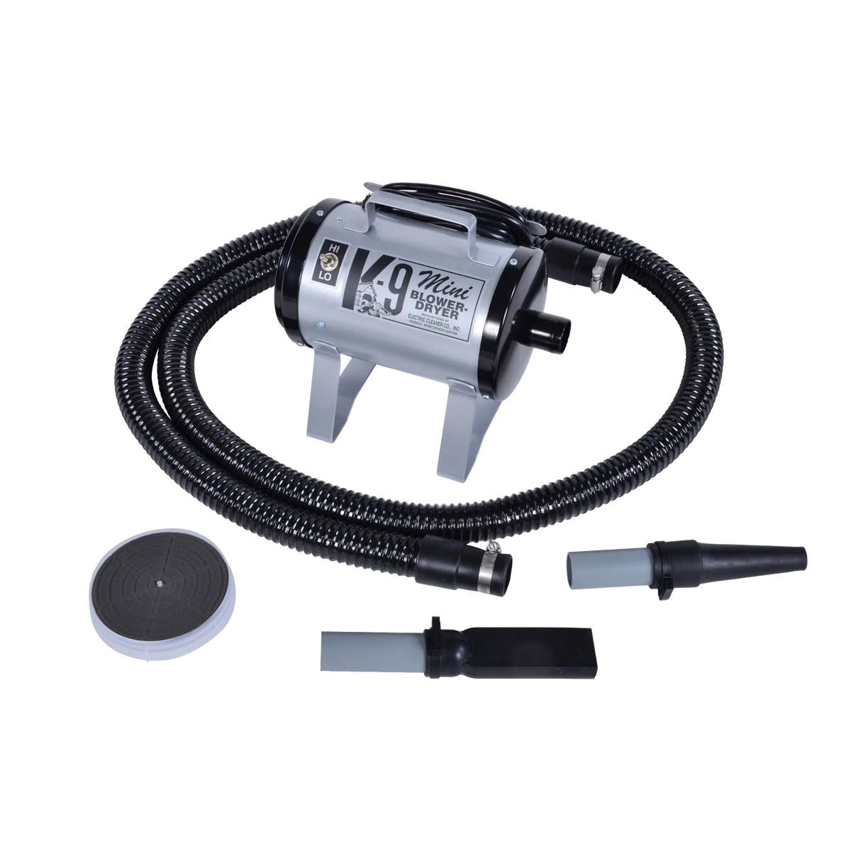Mini K-9 Dog Dryer,"Compact dog dryer with hose, two nozzle attachments, and round base"