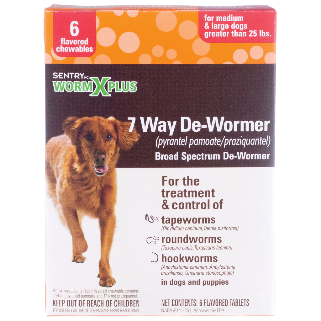Worm X Plus®,"Front of dog dewormer box with brown dog image"