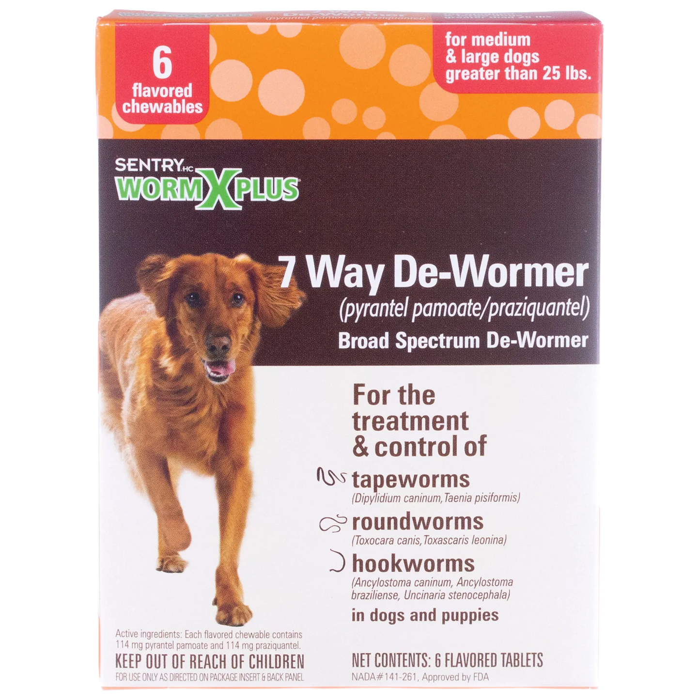Worm X Plus®,"Front of dog dewormer box with brown dog image"