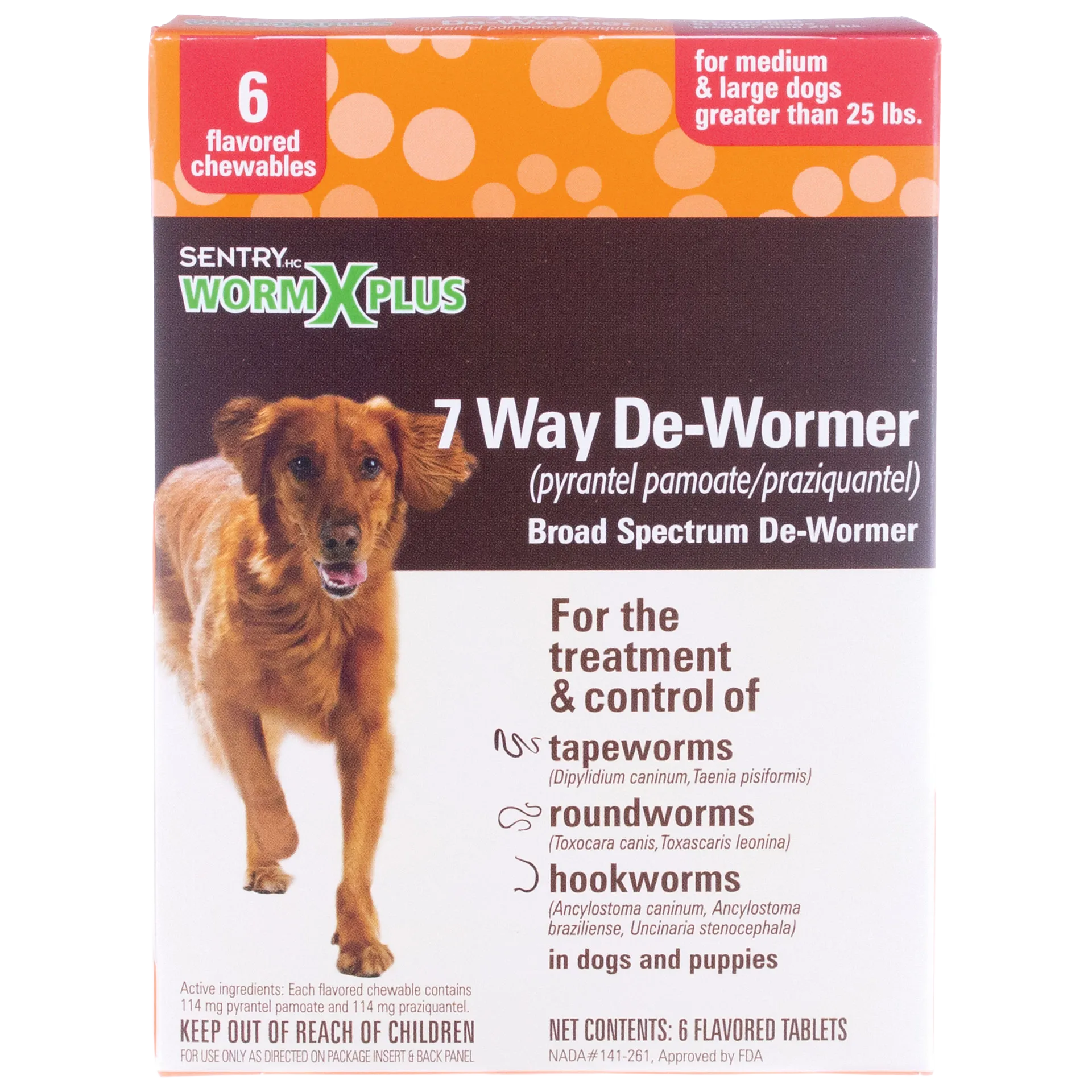 Worm X Plus®,"Front of dog dewormer box with brown dog image"