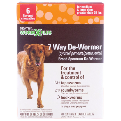 Worm X Plus®,"Front of dog dewormer box with brown dog image"