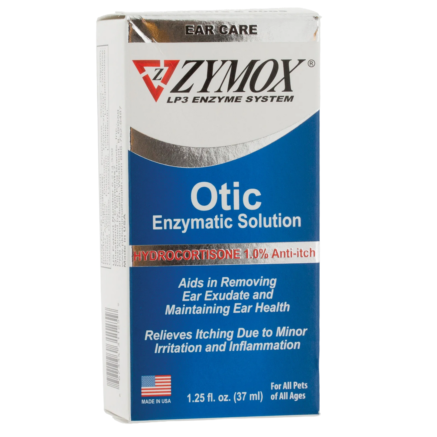 Zymox® Otic HC 1.0% Enzymatic Solution,"Front view of blue and white product box"