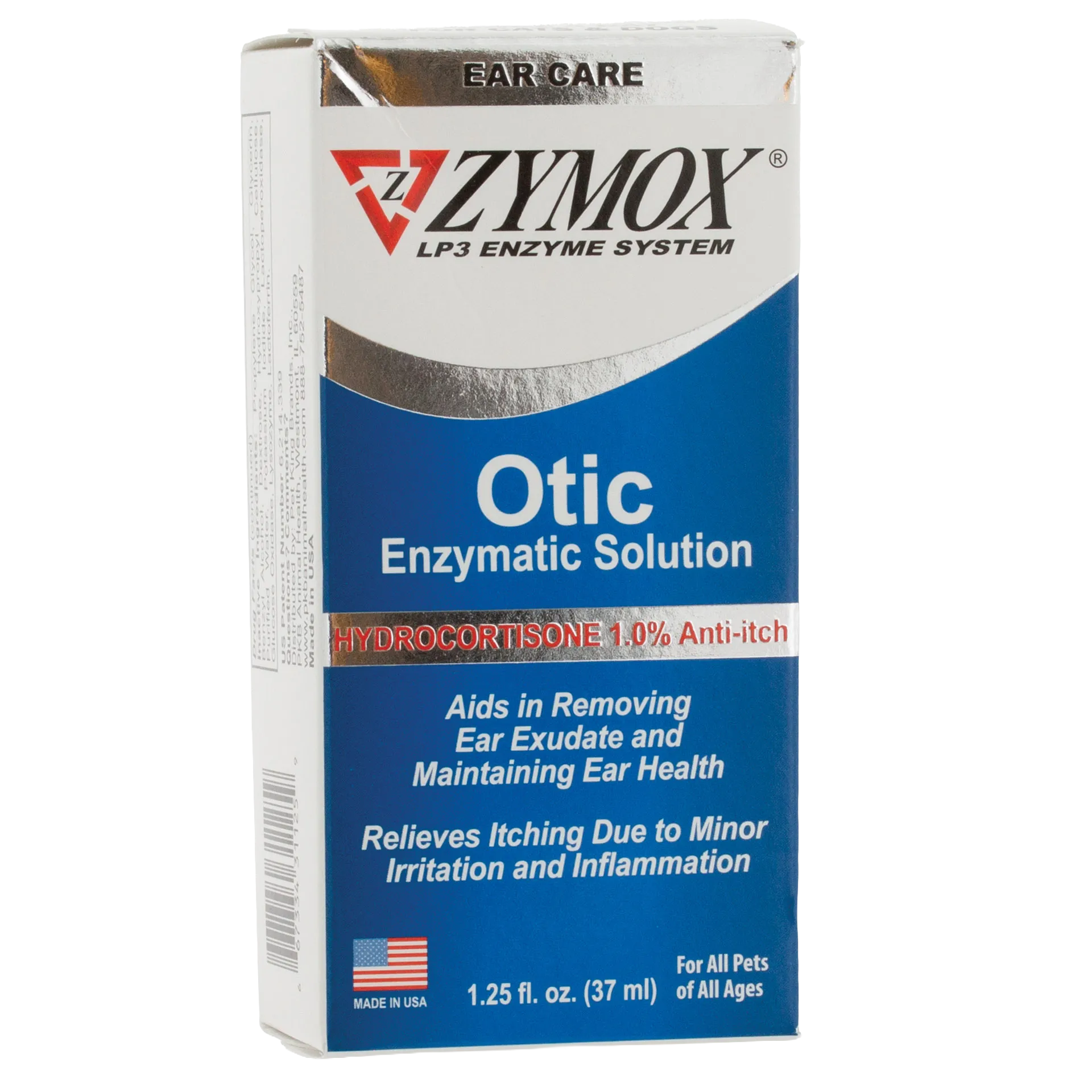 Zymox® Otic HC 1.0% Enzymatic Solution,"Front view of blue and white product box"