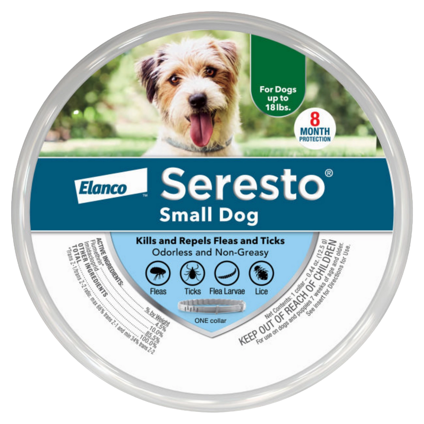 Seresto® Flea & Tick Collars for Cats & Dogs,"Round collar tin with dog image on front label"