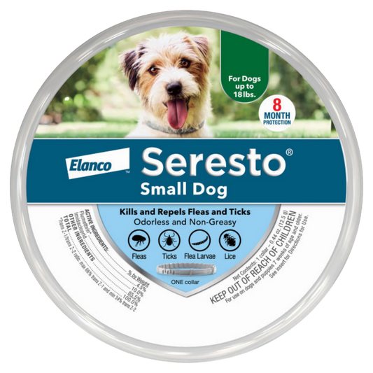Seresto® Flea & Tick Collars for Cats & Dogs,"Round collar tin with dog image on front label"