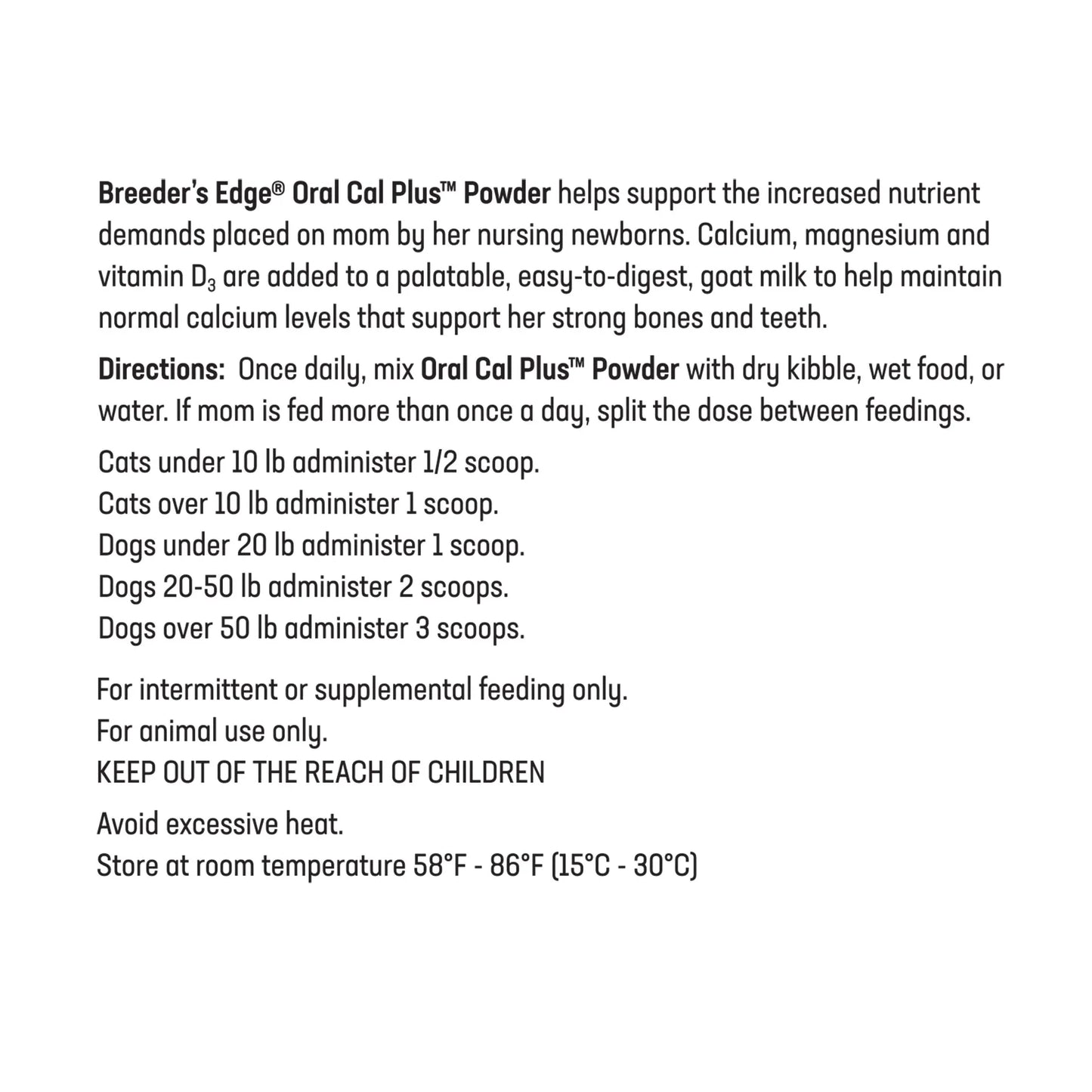 Breeder's Edge® Oral Cal Plus™ Powder,"Back label view of product container with dosage directions"