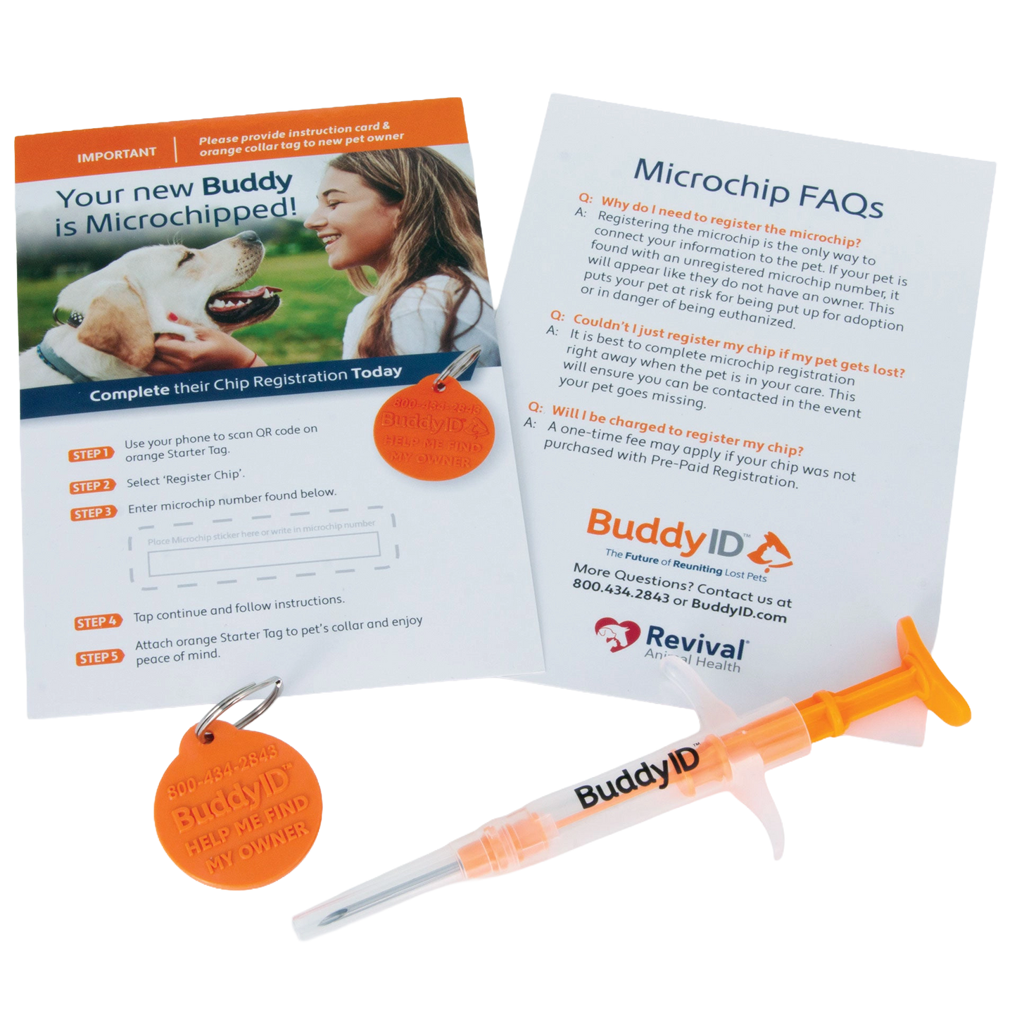 BuddyID®  ISO Microchip,"Microchip syringe with two orange collar tags and instruction cards"