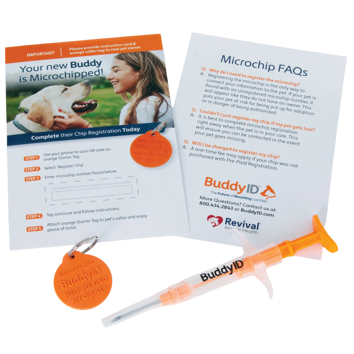 BuddyID®  ISO Microchip,"Microchip syringe with two orange collar tags and instruction cards"