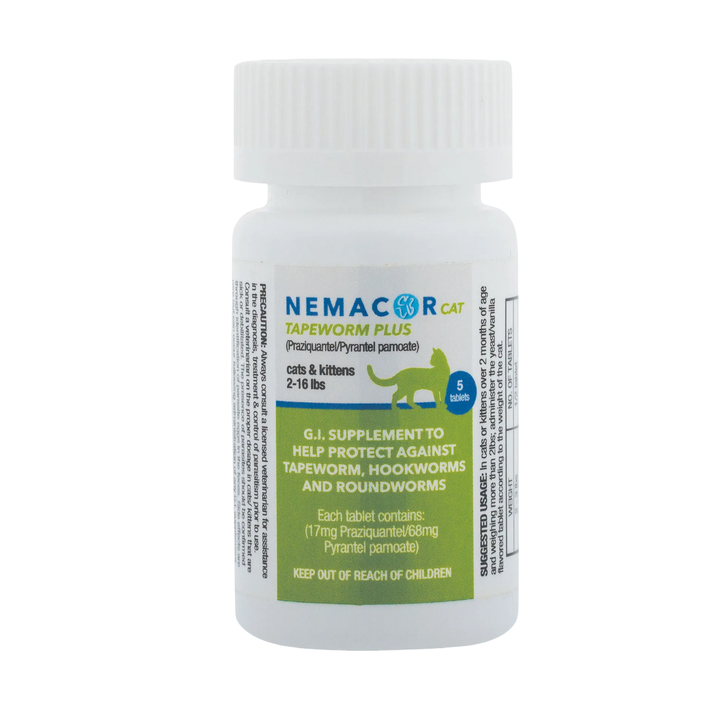 Nemacor Cat Tapeworm Plus,"White bottle with ribbed cap and green cat label"