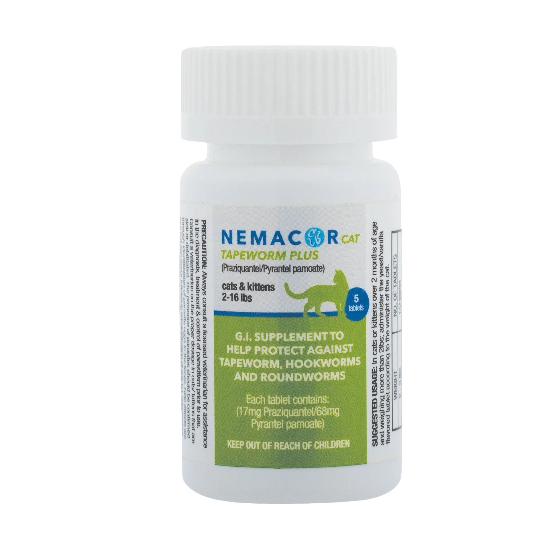 Nemacor Cat Tapeworm Plus,"White bottle with ribbed cap and green cat label"