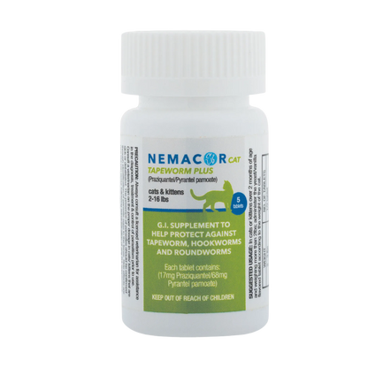 Nemacor Cat Tapeworm Plus,"White bottle with ribbed cap and green cat label"