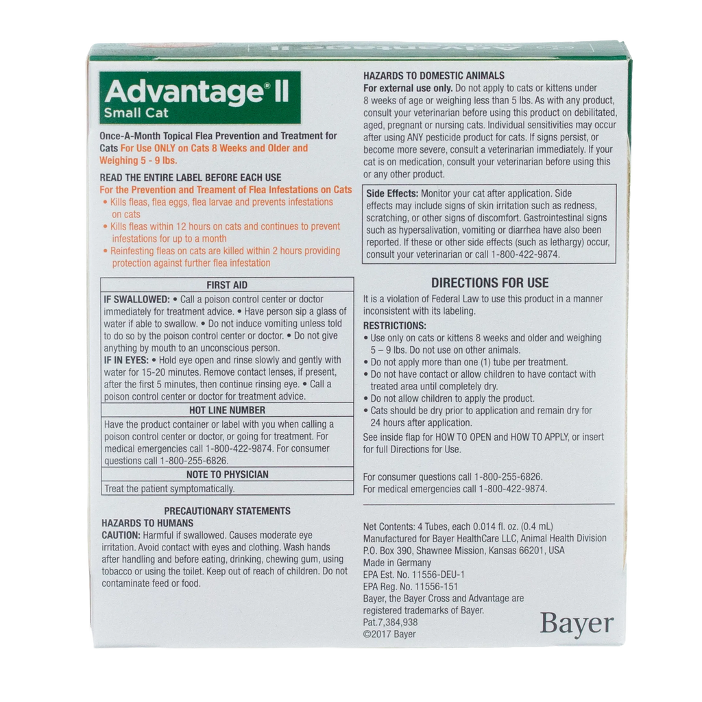 Advantage™ II for Cats,"Back of box with directions and warning panels"