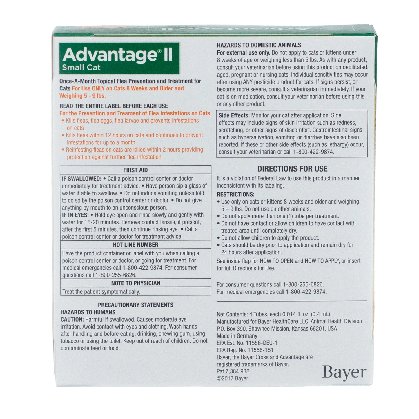 Advantage™ II for Cats,"Back of box with directions and warning panels"