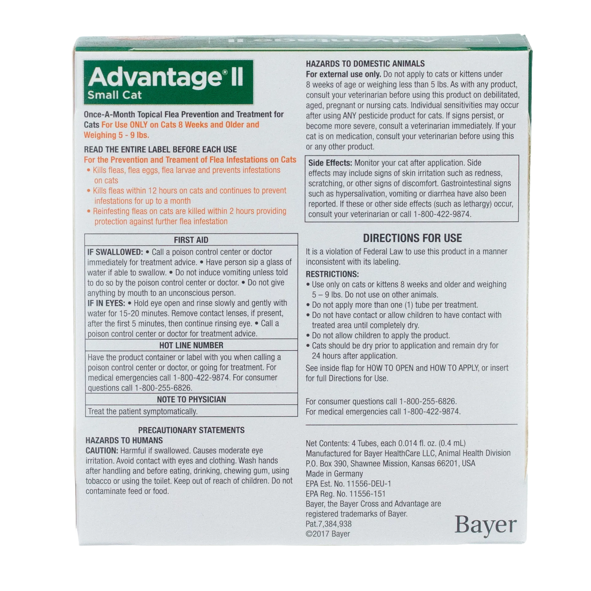Advantage™ II for Cats,"Back of box with directions and warning panels"