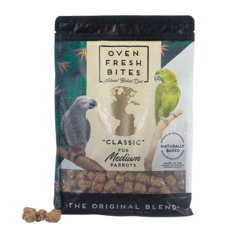 Caitec Oven Fresh Bites Bird Food,"Bird food pouch with parrot illustrations and kibble window"