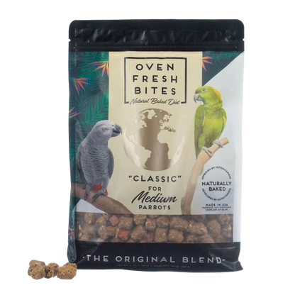 Caitec Oven Fresh Bites Bird Food,"Bird food pouch with parrot illustrations and kibble window"