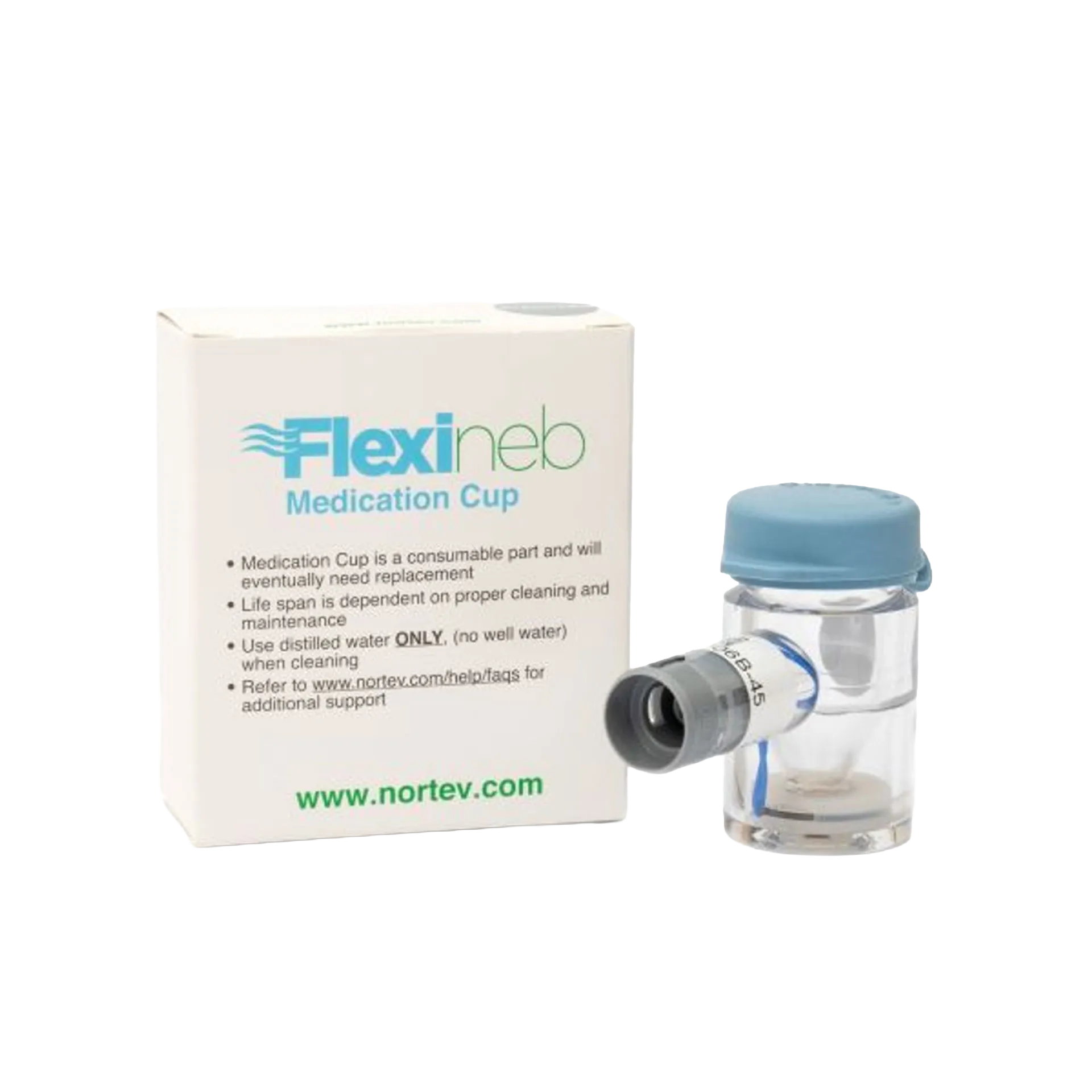 Flexineb® Medium Medication Cup,"Clear medication cup with blue cap beside product box"