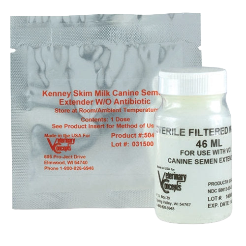 Kenney Skim Milk Canine Semen Extender Kit,"Foil pouch and white bottle with ribbed cap"