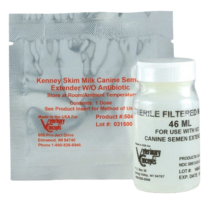 Kenney Skim Milk Canine Semen Extender Kit,"Foil pouch and white bottle with ribbed cap"