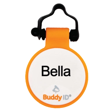 Personalized BuddyID® BuddyBadge® Silicone Collar Tag,"Round white collar tag with orange rim and black clip"