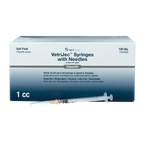 1cc VetriJec™ Syringes with 25 gauge Needles,"Box of syringes with one syringe and needle in front"