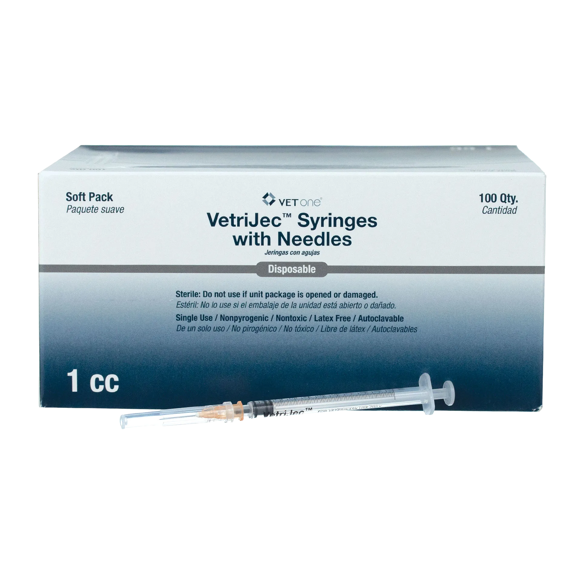 1cc VetriJec™ Syringes with 25 gauge Needles,"Box of syringes with one syringe and needle in front"