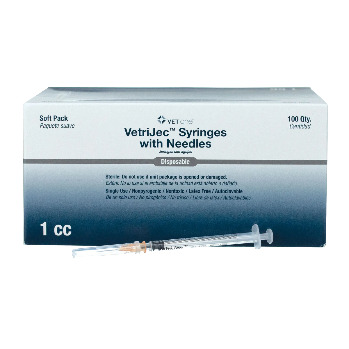 1cc VetriJec™ Syringes with 25 gauge Needles,"Box of syringes with one syringe and needle in front"