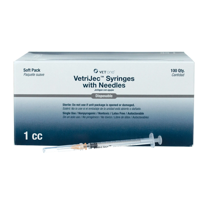 1cc VetriJec™ Syringes with 25 gauge Needles,"Box of syringes with one syringe and needle in front"