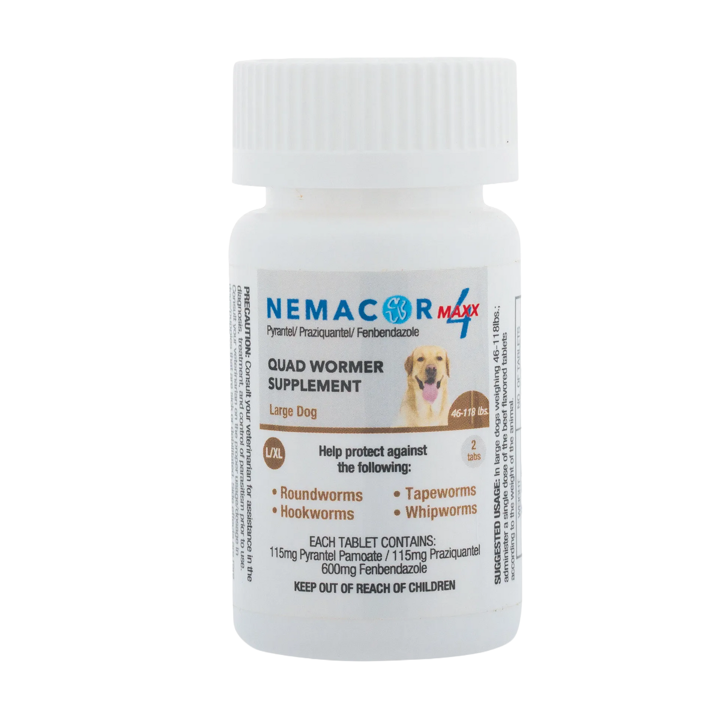 Nemacor Maxx 4,"White pill bottle with ribbed cap and dog label"