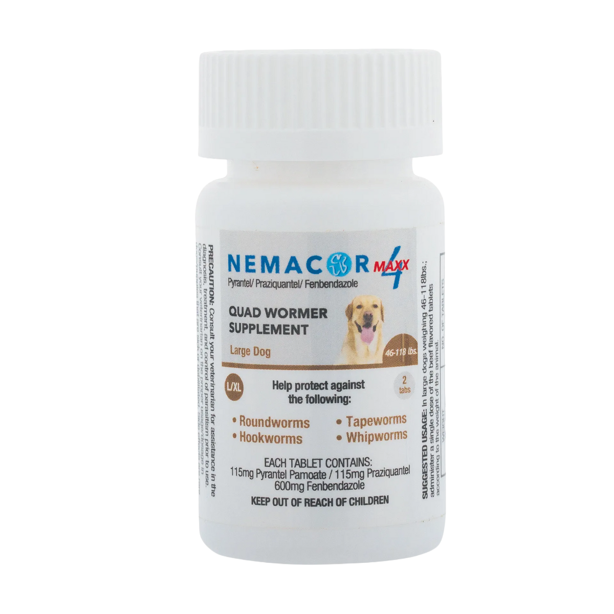 Nemacor Maxx 4,"White pill bottle with ribbed cap and dog label"