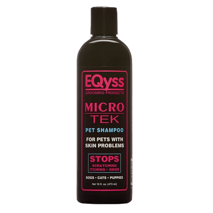 Micro-Tek Pet Shampoo,"Black bottle with pink and blue label"