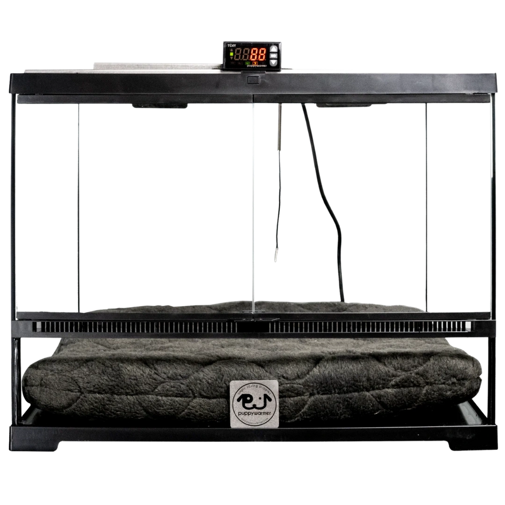 Puppywarmer® Puppy Incubator,"Glass-front incubator with digital controller and gray bed pad"