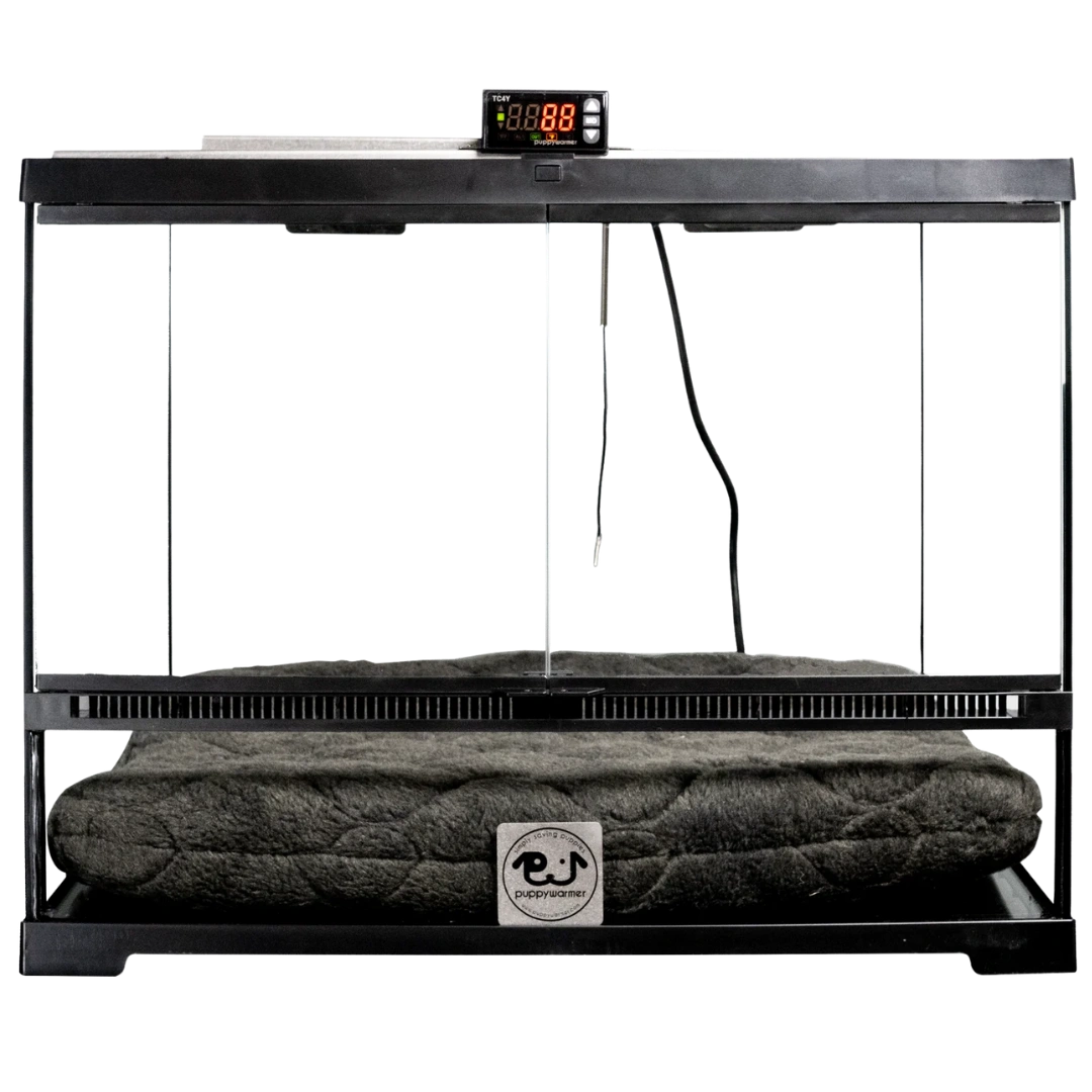 Puppywarmer® Puppy Incubator,"Glass-front incubator with digital controller and gray bed pad"