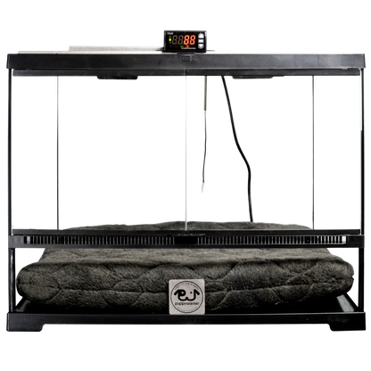 Puppywarmer® Puppy Incubator,"Glass-front incubator with digital controller and gray bed pad"