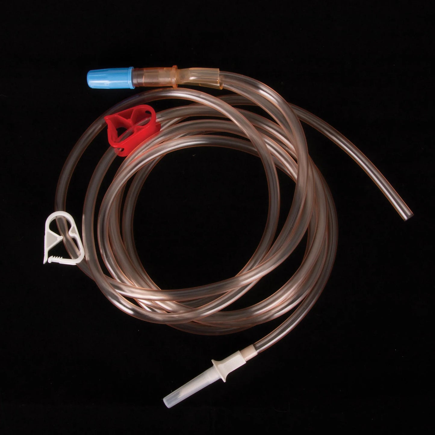 Long Foley Y-Junction w/spike,"Clear tubing set with blue cap, red clamp, and white spike"