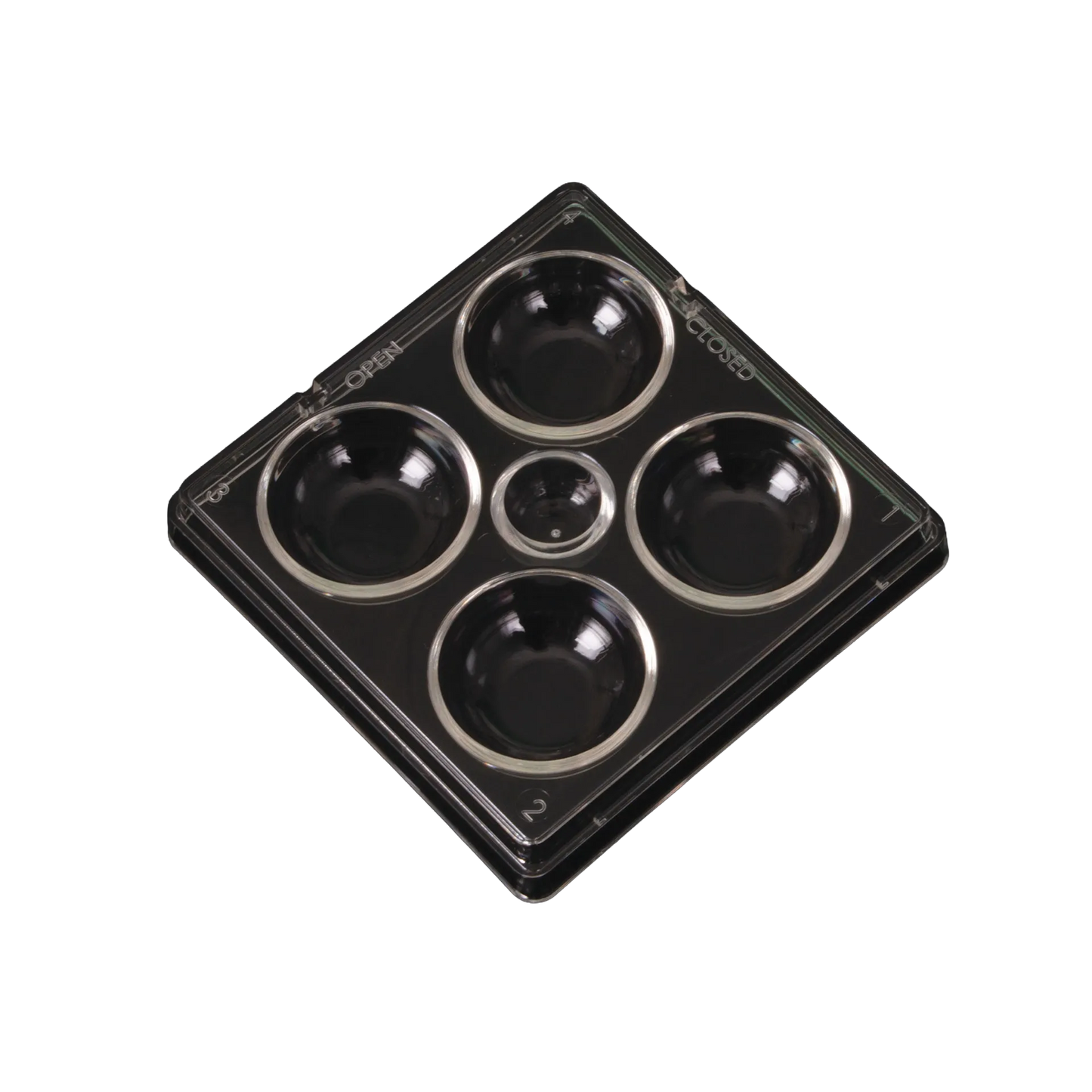 Search Dish-4 Well,"Clear four-well dish with small center well, top view"