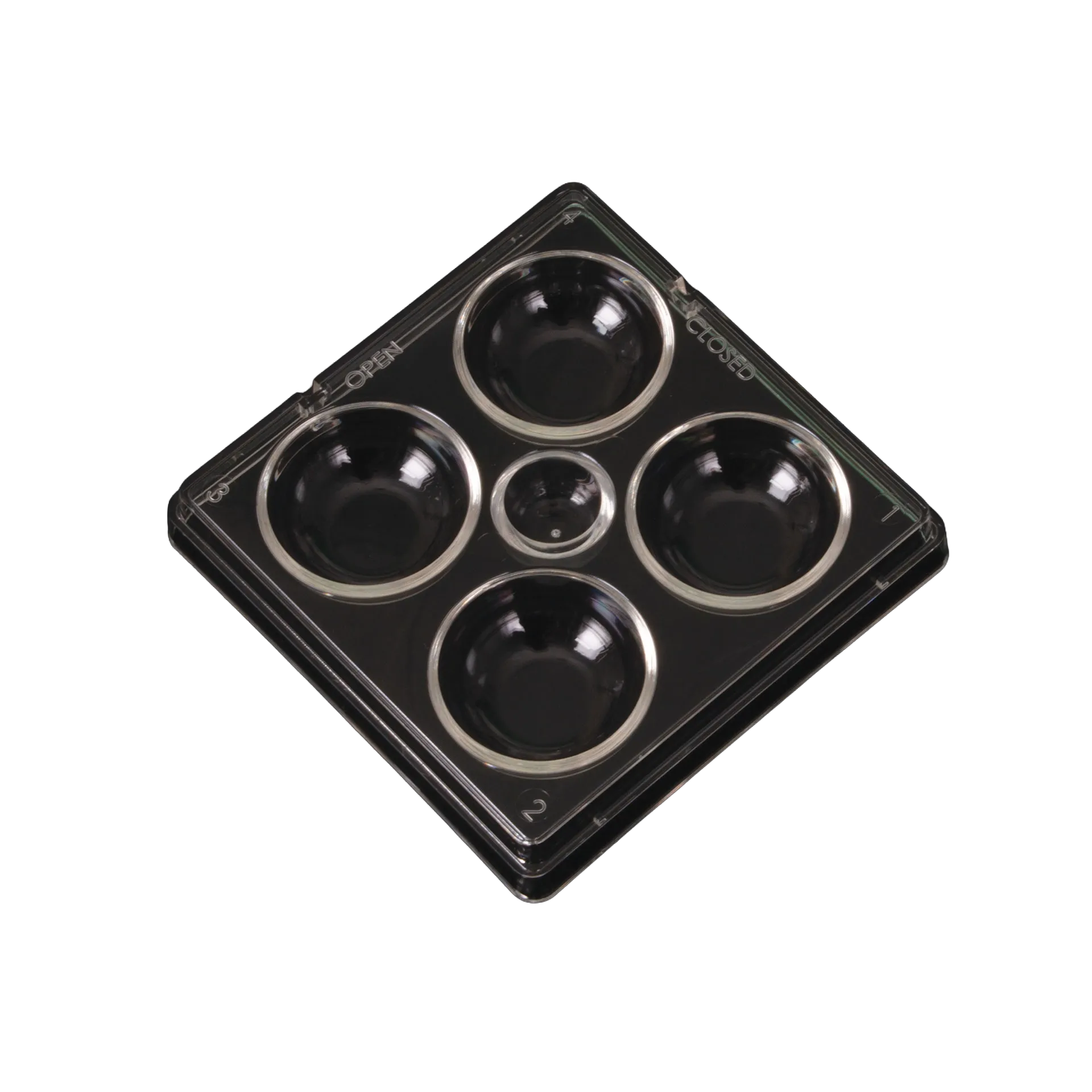 Search Dish-4 Well,"Clear four-well dish with small center well, top view"