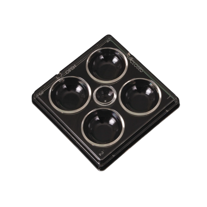 Search Dish-4 Well,"Clear four-well dish with small center well, top view"