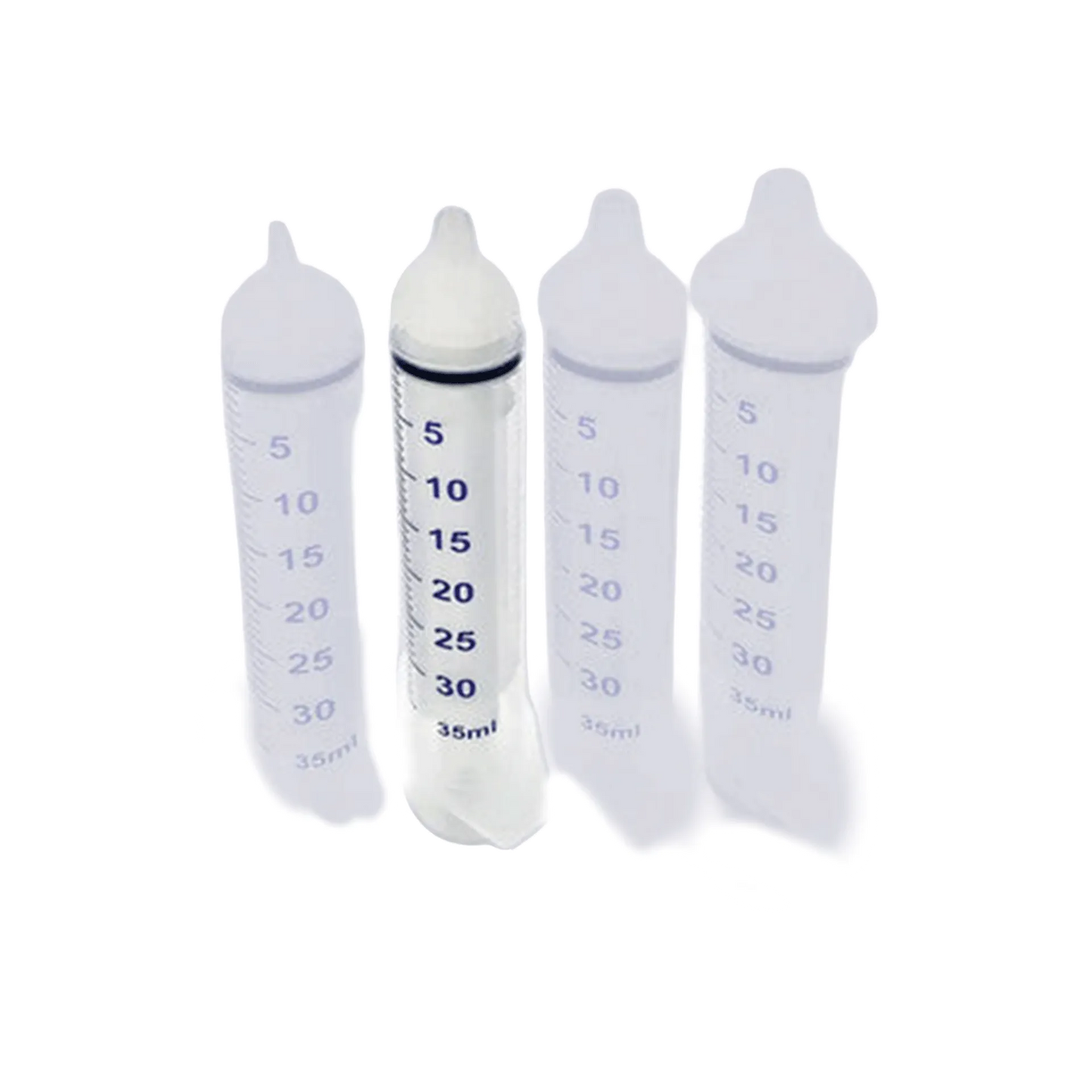 Puppywamer Latchons Syringe Nipple Feeders,"Four feeding syringes with white rubber nipple tips"